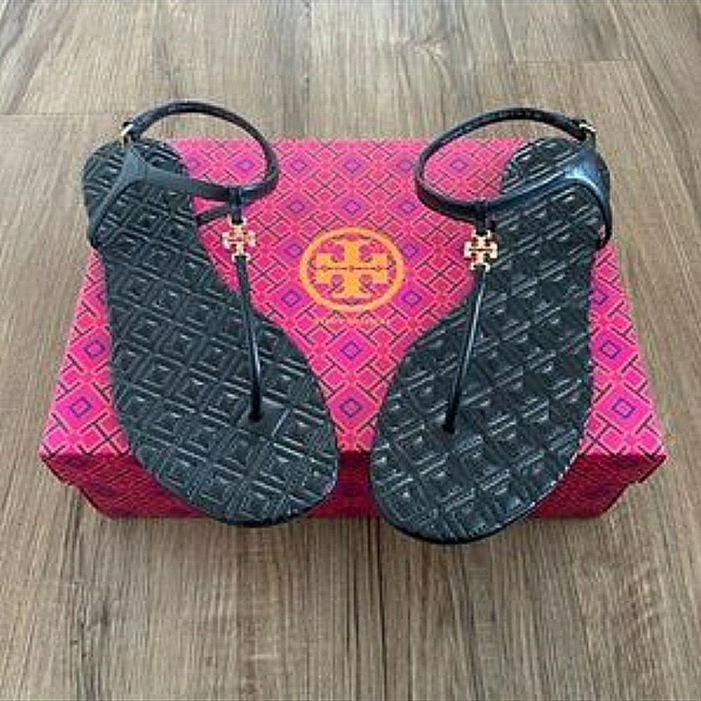 Tory Burch Designer Black Quilted Marion Sandals Slingback Sz 6.5